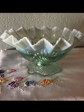 Vintage Fenton Iridized Opaline Leaf Carnival Glass Dish Bowl